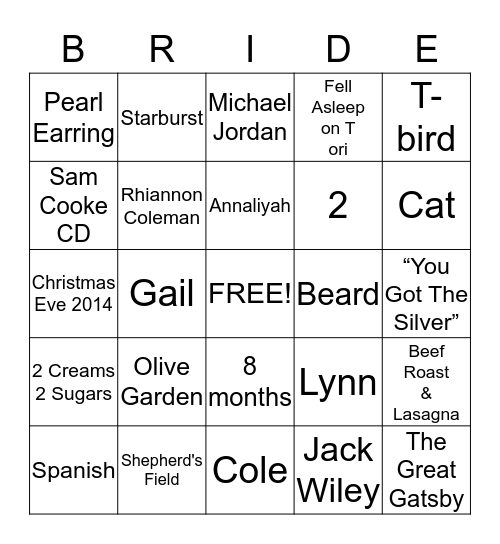 Bride Bingo Card