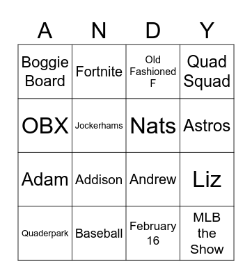 All About Andrew Bingo Card