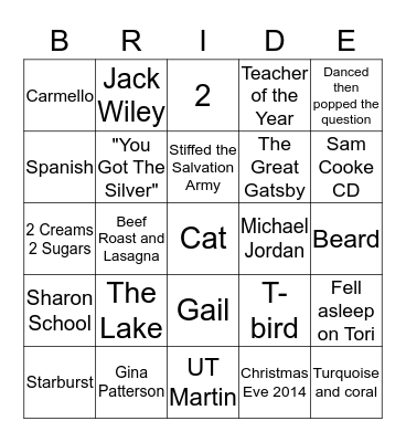 Bride Bingo Card
