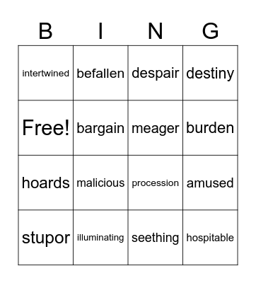 Rump Vocabulary Bingo Card