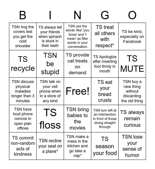 Thou Shalt or Not Bingo Card