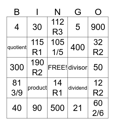 Division Bingo Card