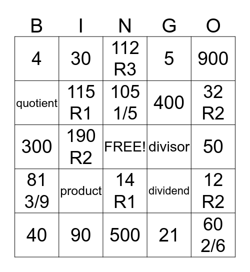 Division Bingo Card