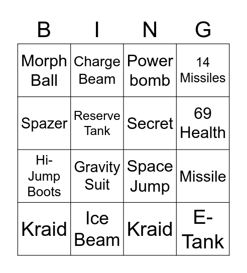 "Super Metroid Arcade" Bingo card Bingo Card