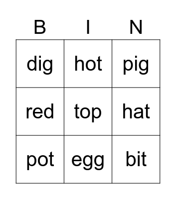 CVC Words Bingo Card