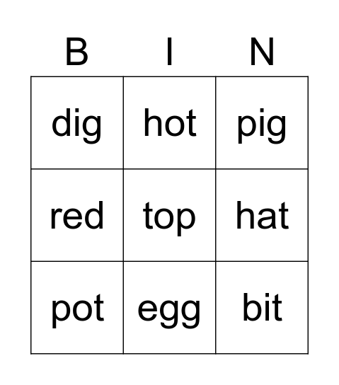 CVC Words Bingo Card