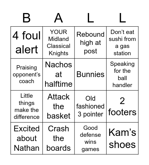 Knight's Baller Bingo Card