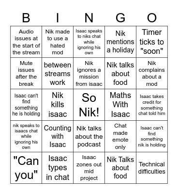 Nik and Isaac Bingo Card
