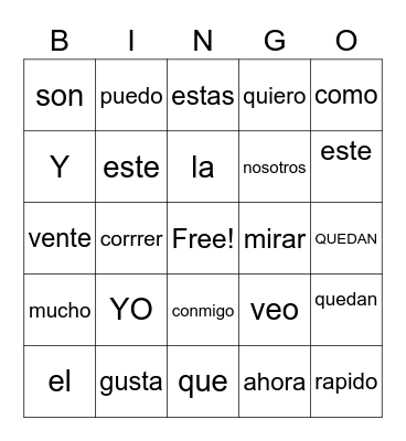 Spanish Sight Words Bingo Card