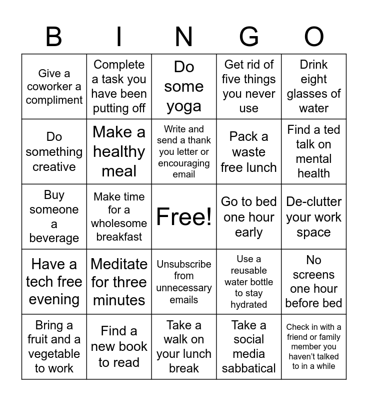 Wellness Bingo! Bingo Card