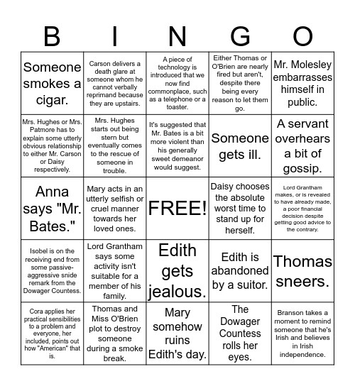 Downton Abbey Bingo Card