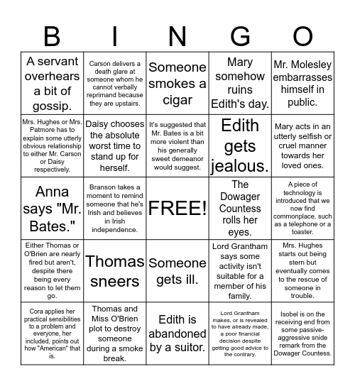 Downton Abbey Bingo Card