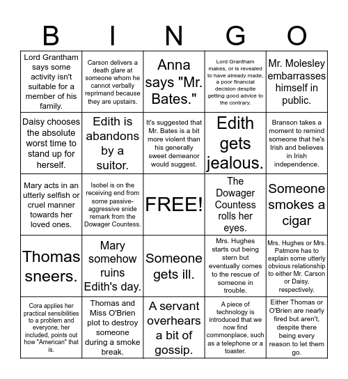 Downton Abbey Bingo Card
