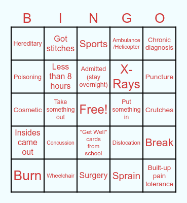 Hospital/Injury Bingo Card