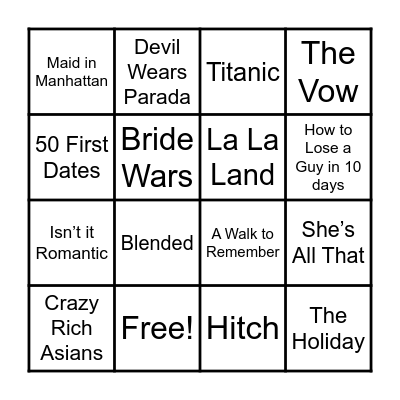 Valentines Day Rom Com Bingo Card