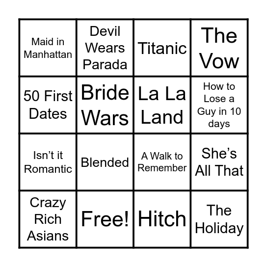 Valentines Day Rom Com Bingo Card