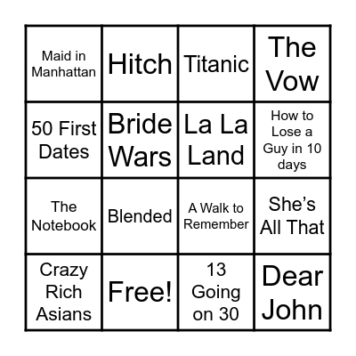 Valentines Day Rom Com Bingo Card