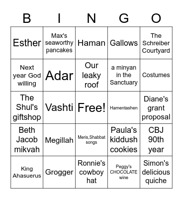 Purim Bingo Card