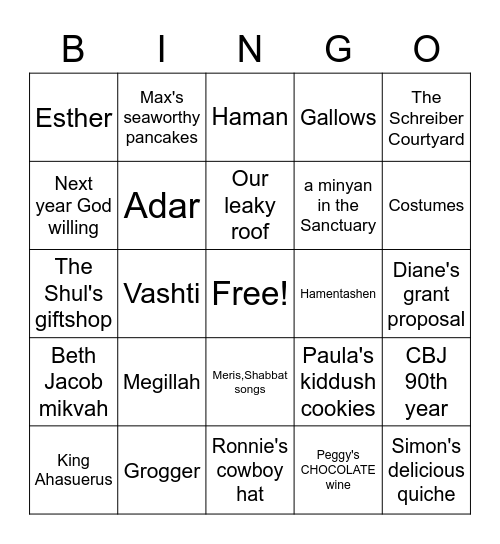 Purim Bingo Card