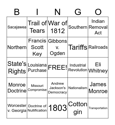 Chapters 9 - 10:  1803 Bingo Card
