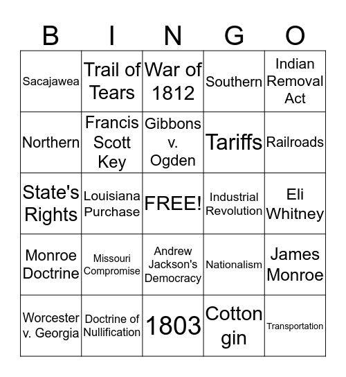 Chapters 9 - 10:  1803 Bingo Card