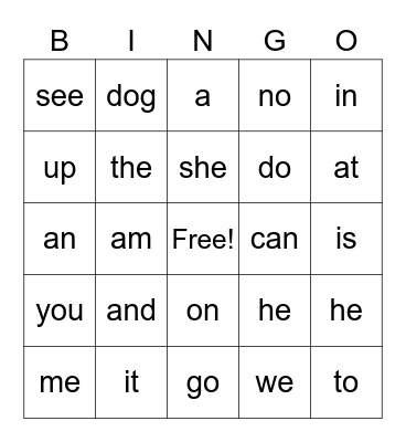 Sight Words Bingo Card