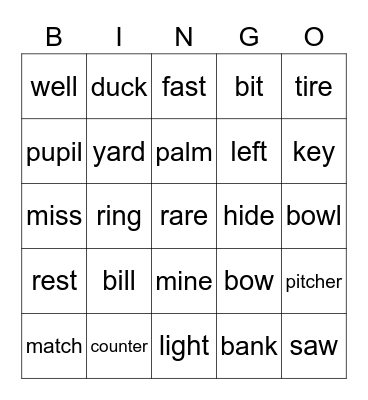 Homographs Bingo Card