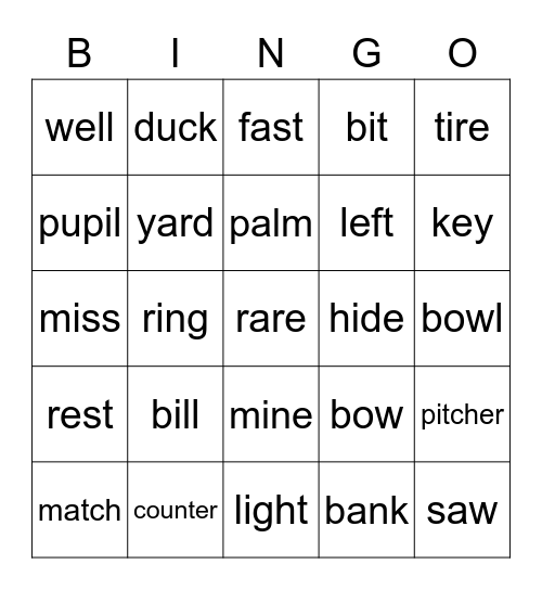 Homographs Bingo Card