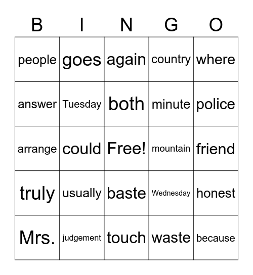 Spelling Bingo Level 6 Bingo Card