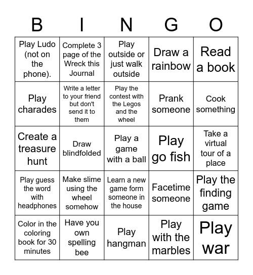 Activity Bingo Card