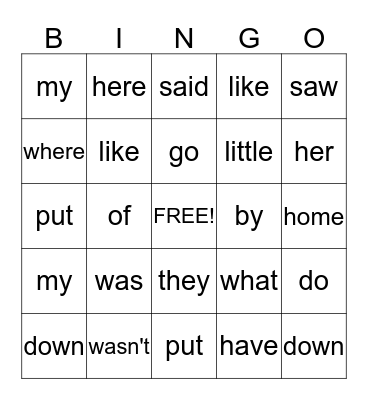 SIGHT WORDS #2 Bingo Card