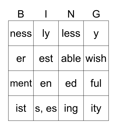 Suffix Meanings Bingo Card