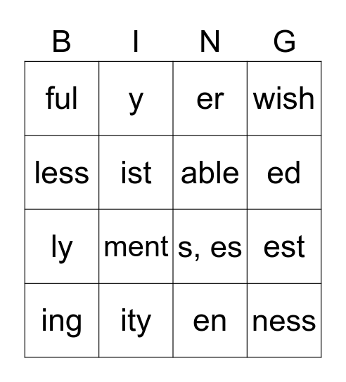 Suffix Meanings Bingo Card