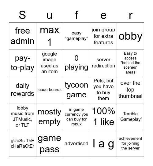 roblox recomended me some games so ima judge em with this bingo chart Bingo Card