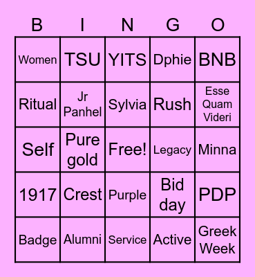Delta Phi Epsilon Bingo Card