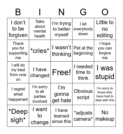 INFLUENCER APOLOGY Bingo Card