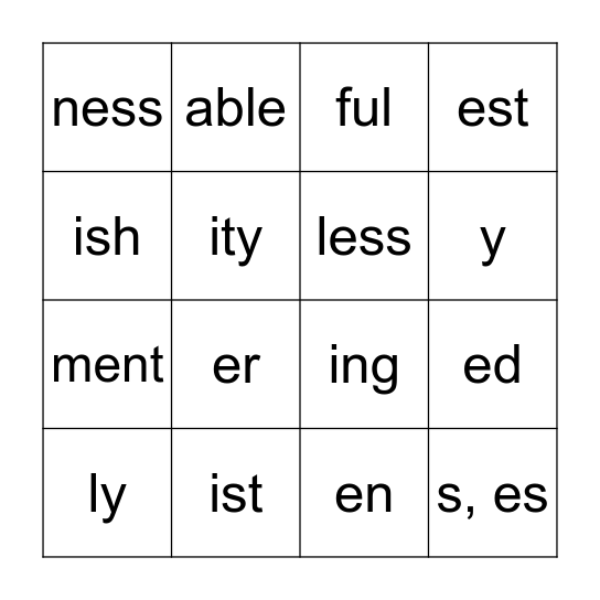 Suffix Meanings Bingo Card