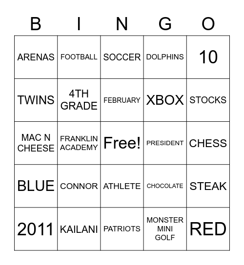 CONNOR AND KAILANI Bingo Card