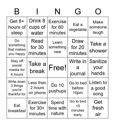 Health and Wellness Bingo Card