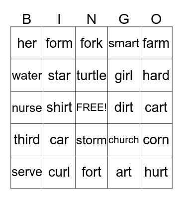 R-Controlled Vowels Bingo Card