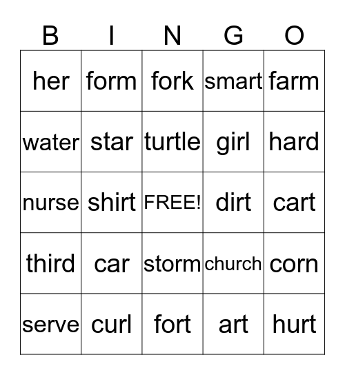 R-Controlled Vowels Bingo Card