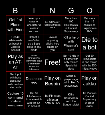 Battlefront 2 Challenges Bingo Card