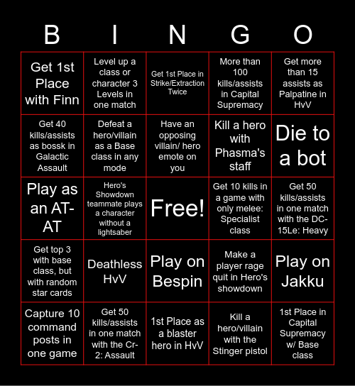 Battlefront 2 Challenges Bingo Card