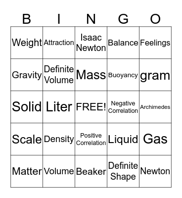 Properties of Matter Bingo Card