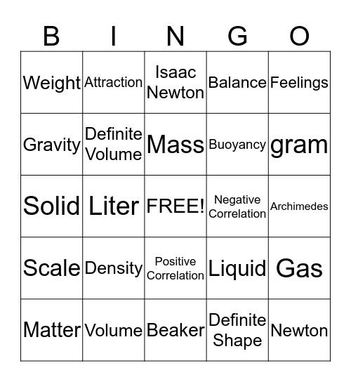 Properties of Matter Bingo Card