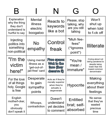 Is This Person An Emotionally-Blackmailing / Mentally-Obstructed F-ckwit? Bingo Card