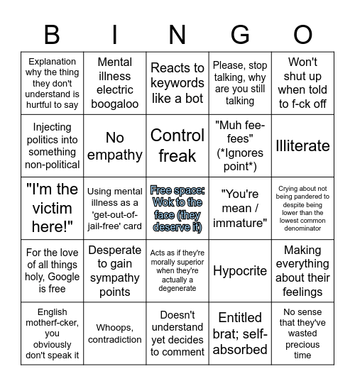 Is This Person An Emotionally-Blackmailing / Mentally-Obstructed F-ckwit? Bingo Card