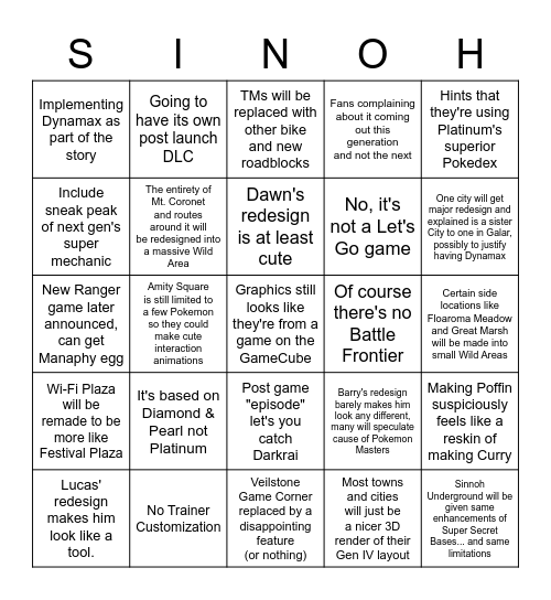 Wild Fan Speculation About Sinnoh Remakes Bingo Card