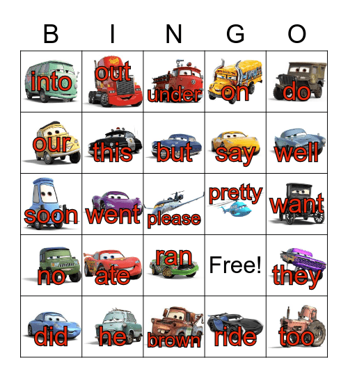 Cars Sight Word Bingo #2 Bingo Card