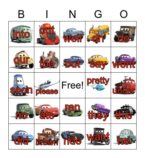 Cars Sight Word Bingo #2 Bingo Card